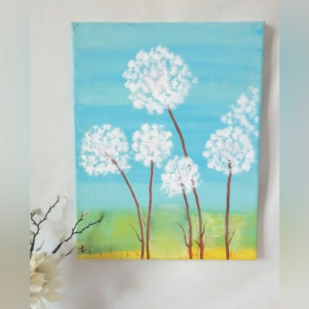 Vintage Oil on Canvas - "Dandelions on Blue Sky"